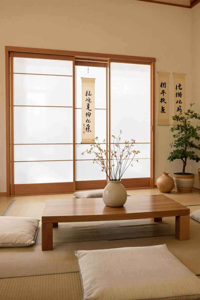 a serene japanese style living room with a minimalistic aesthetic