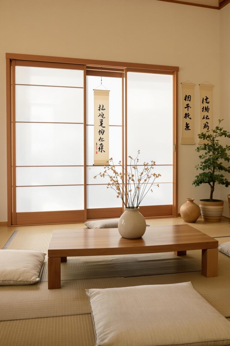 a serene japanese style living room with a minimalistic aesthetic