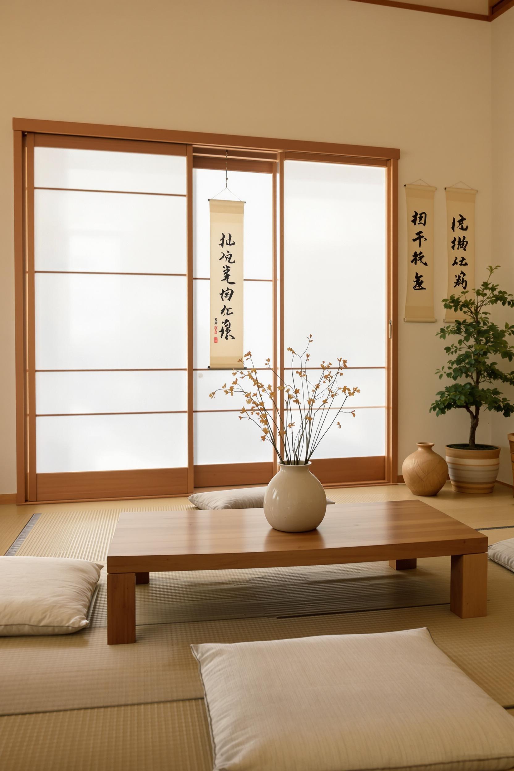 a serene japanese style living room with a minimalistic aesthetic