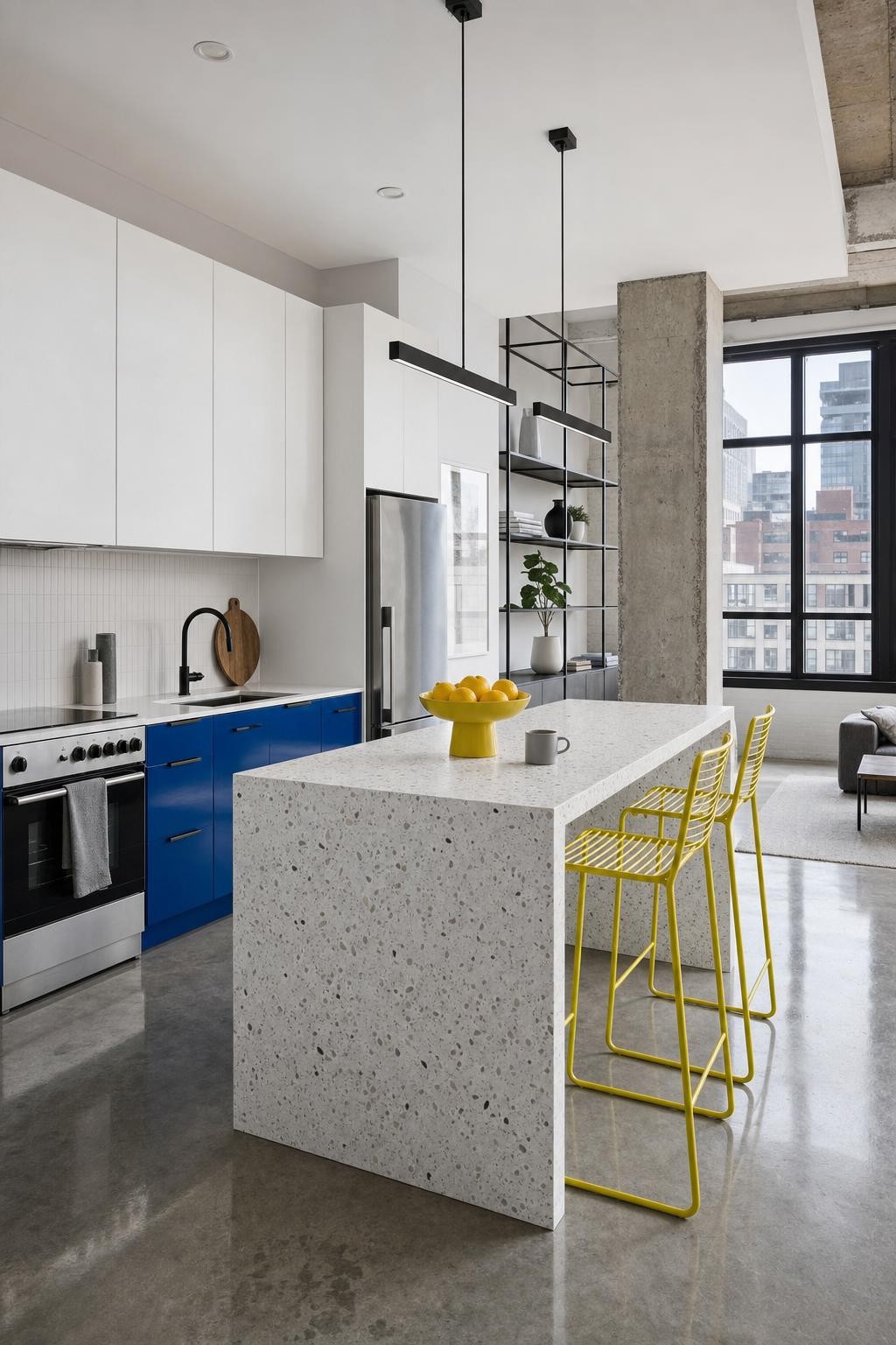 Blue Cabinets Yellow Bar Stools