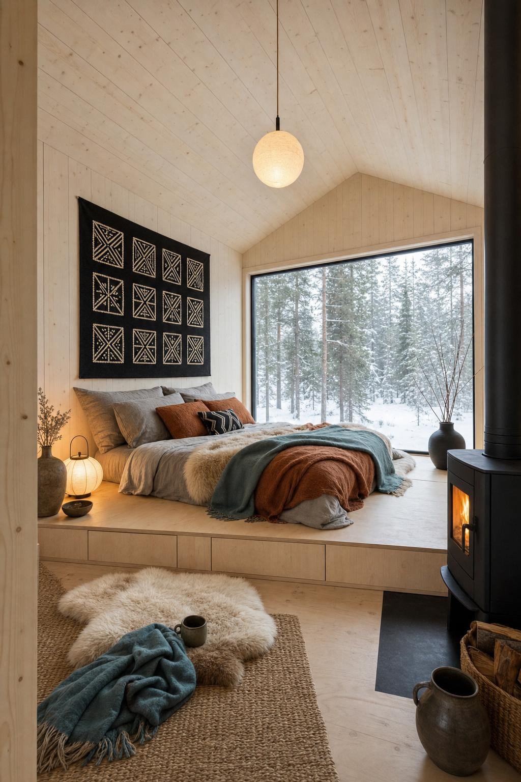 Cozy Afrohemian Bedroom Snowy View