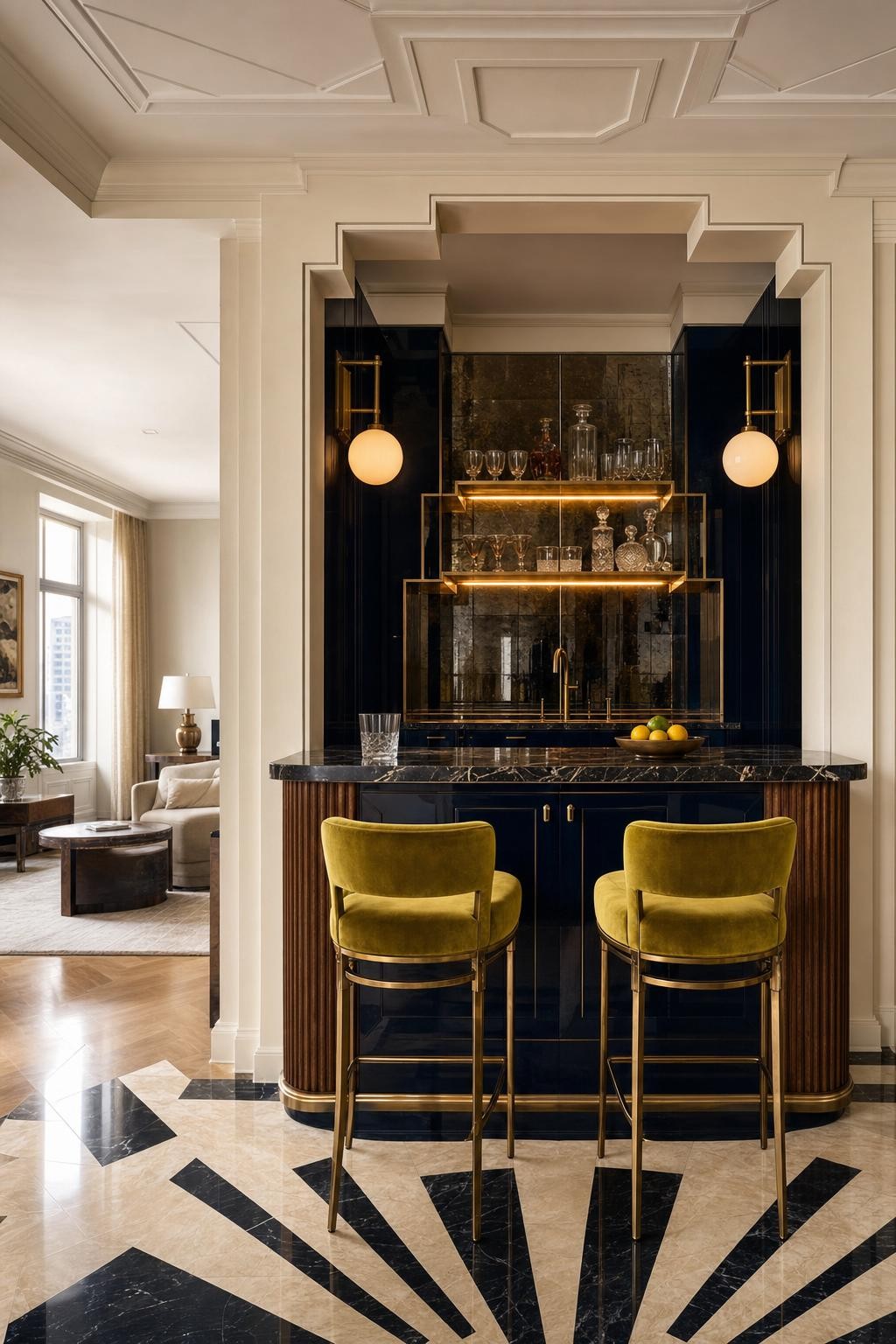Navy Bar With Yellow Stools